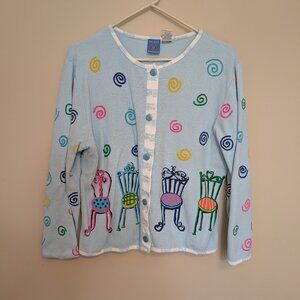 Onque Casuals kitsch cardigan sweater rainbow swirls & ice cream parlor chairs M